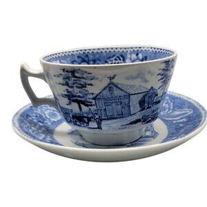 Wood & Sons Teacup & Saucer Blue Transferware Old Sturbridge Village Vintage